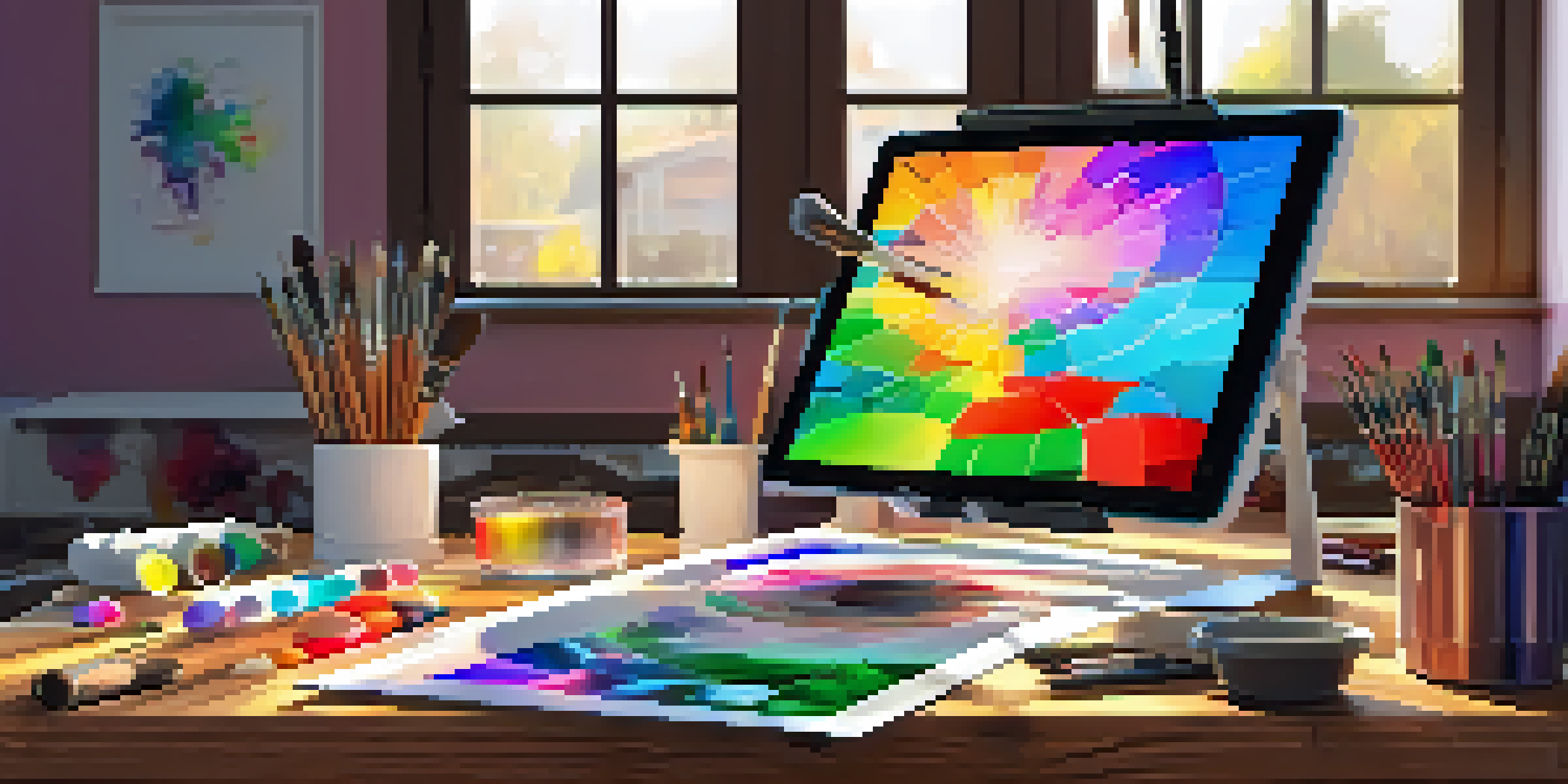 A bright digital art studio with colorful paintings, a digital tablet, and warm sunlight coming through the window.