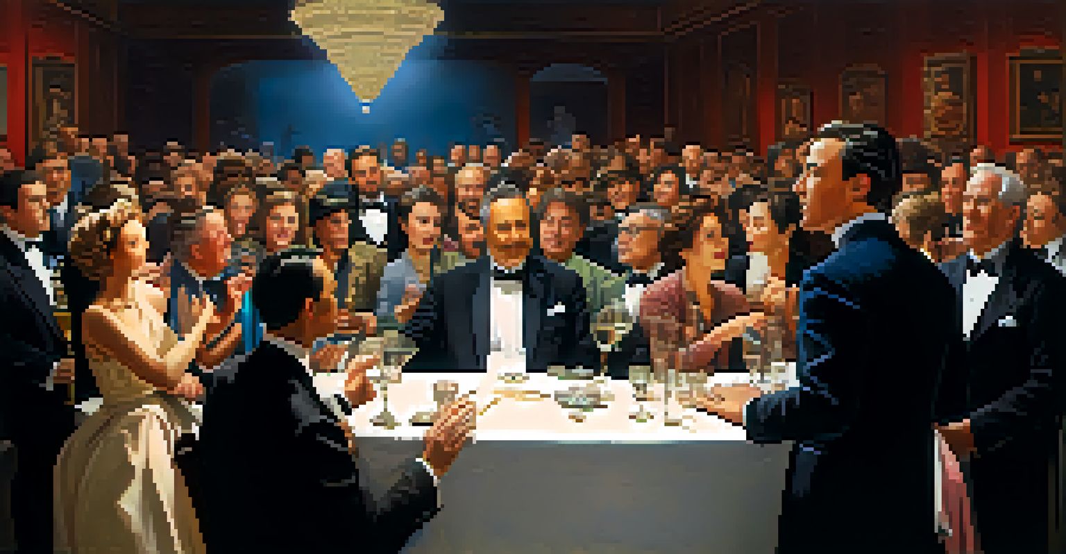 An auction scene with collectors bidding for art, illuminated by spotlights, creating an atmosphere of excitement.