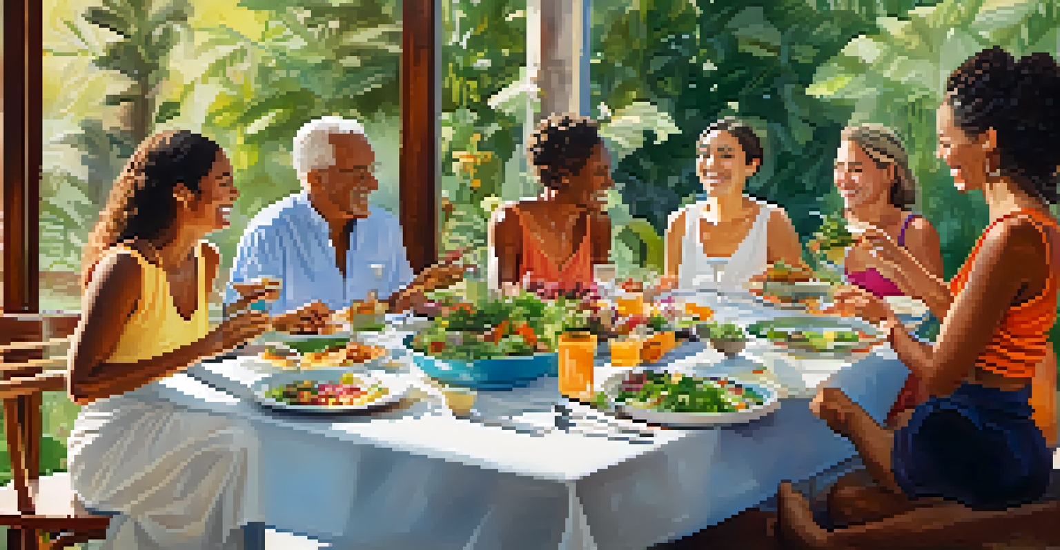Guests enjoying a communal meal at a wellness retreat, sharing laughter and healthy dishes in a natural setting.
