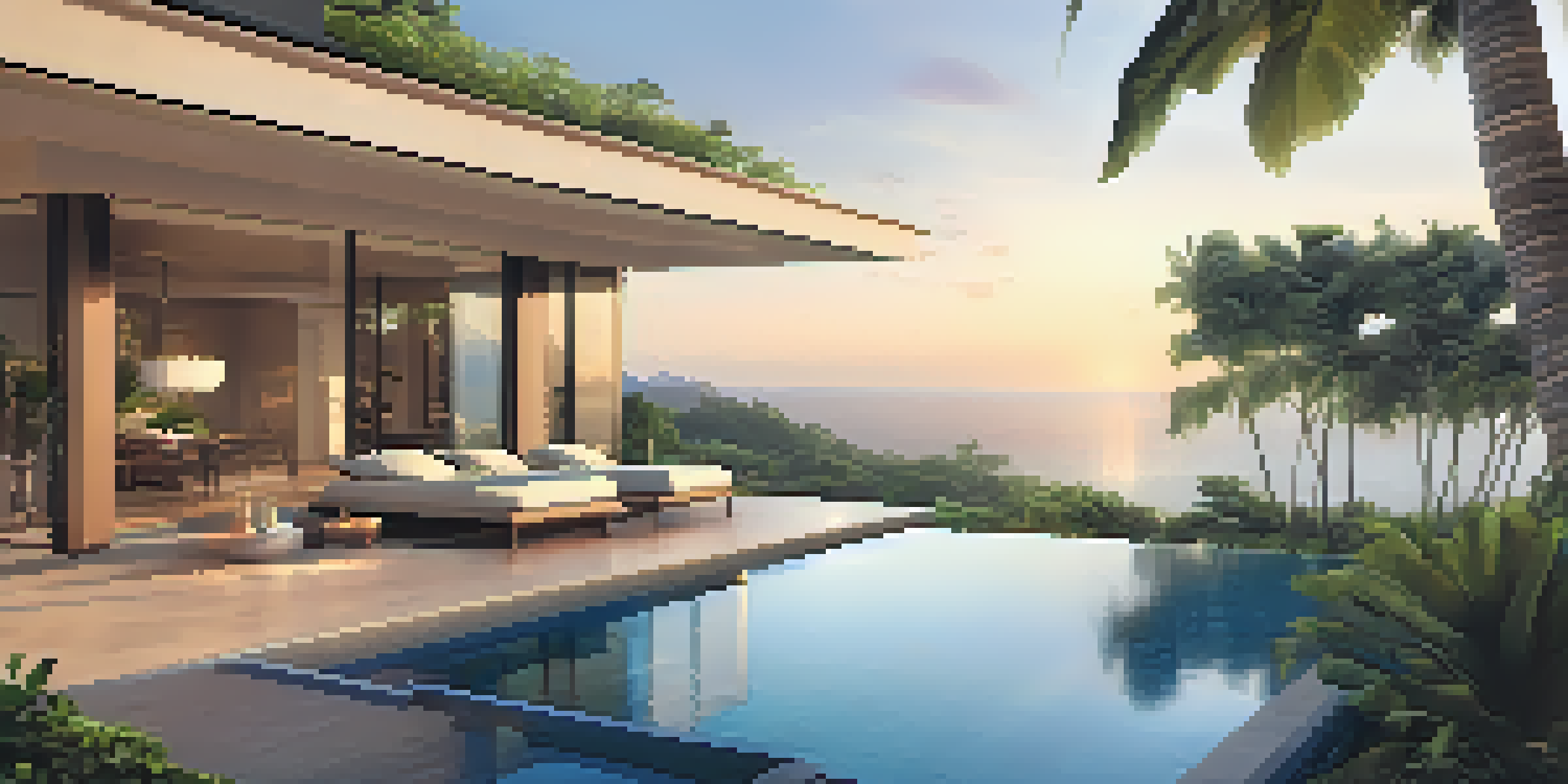 A beautiful luxury family villa with an infinity pool and tropical gardens under a sunset sky.