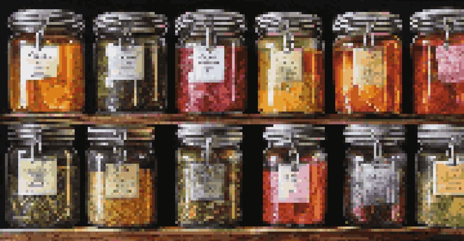 A variety of loose leaf tea blends in clear glass containers against a dark wooden background, illuminated by soft light.