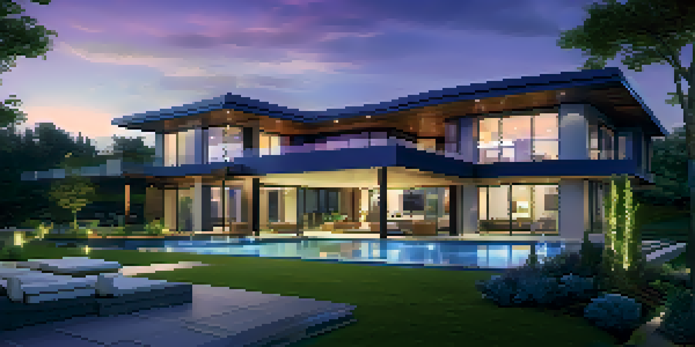 A luxury home exterior with smart security features, illuminated at dusk with a gradient sky.