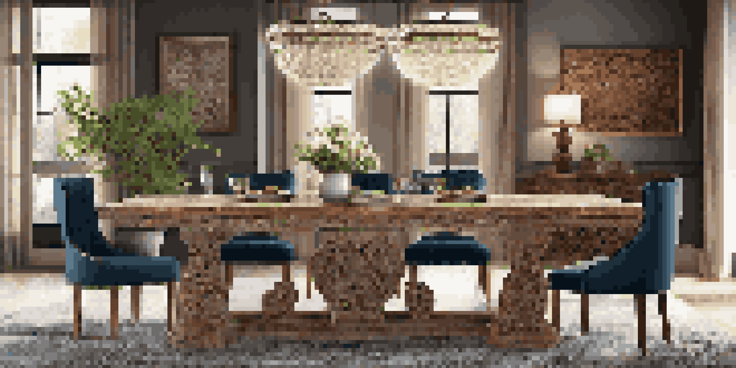 An artisan dining table made from reclaimed wood in a modern dining room, surrounded by jewel-toned upholstered chairs under warm lighting.