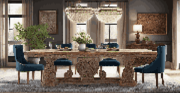 An artisan dining table made from reclaimed wood in a modern dining room, surrounded by jewel-toned upholstered chairs under warm lighting.