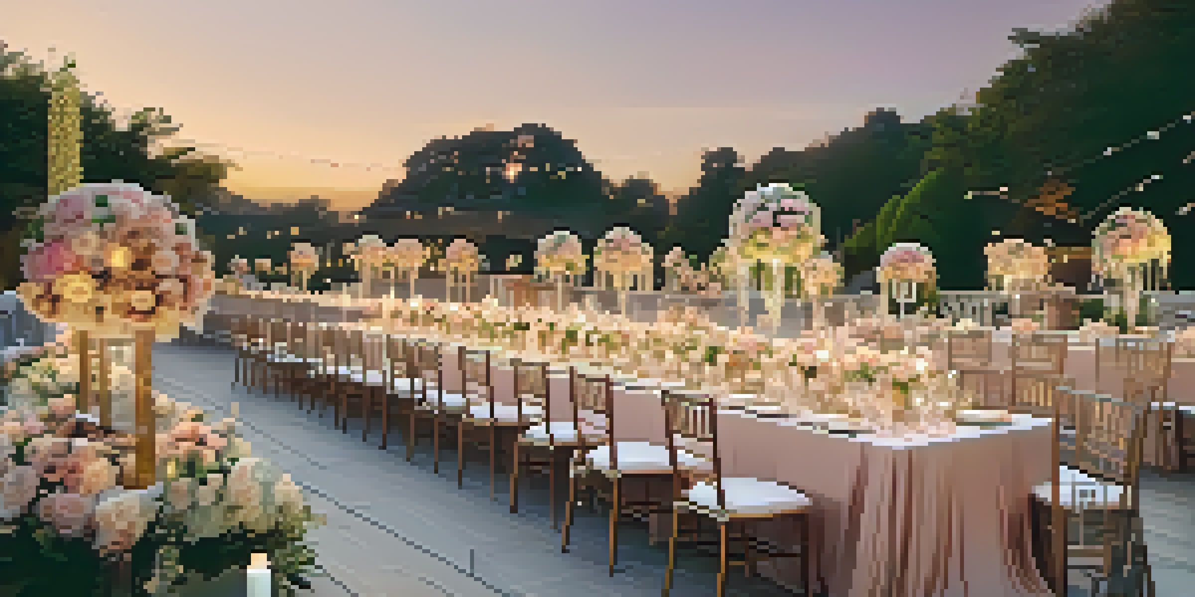 A beautifully decorated outdoor wedding venue at sunset with elegant tables and floral arrangements.