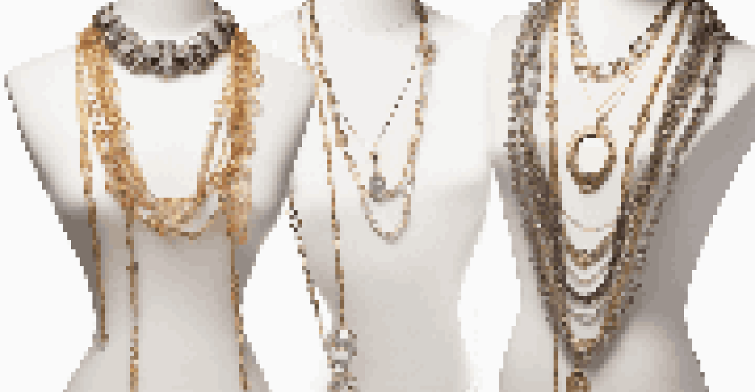 Display of layered necklaces on a mannequin with a mix of chunky and delicate designs against a white background.