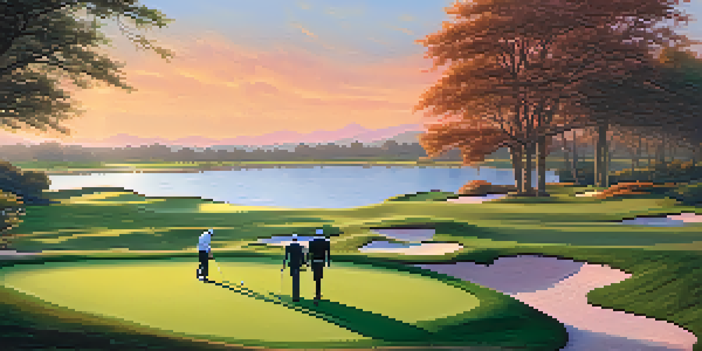 A couple walking on a luxurious golf course at sunrise, with manicured greens and a water hazard in the background.