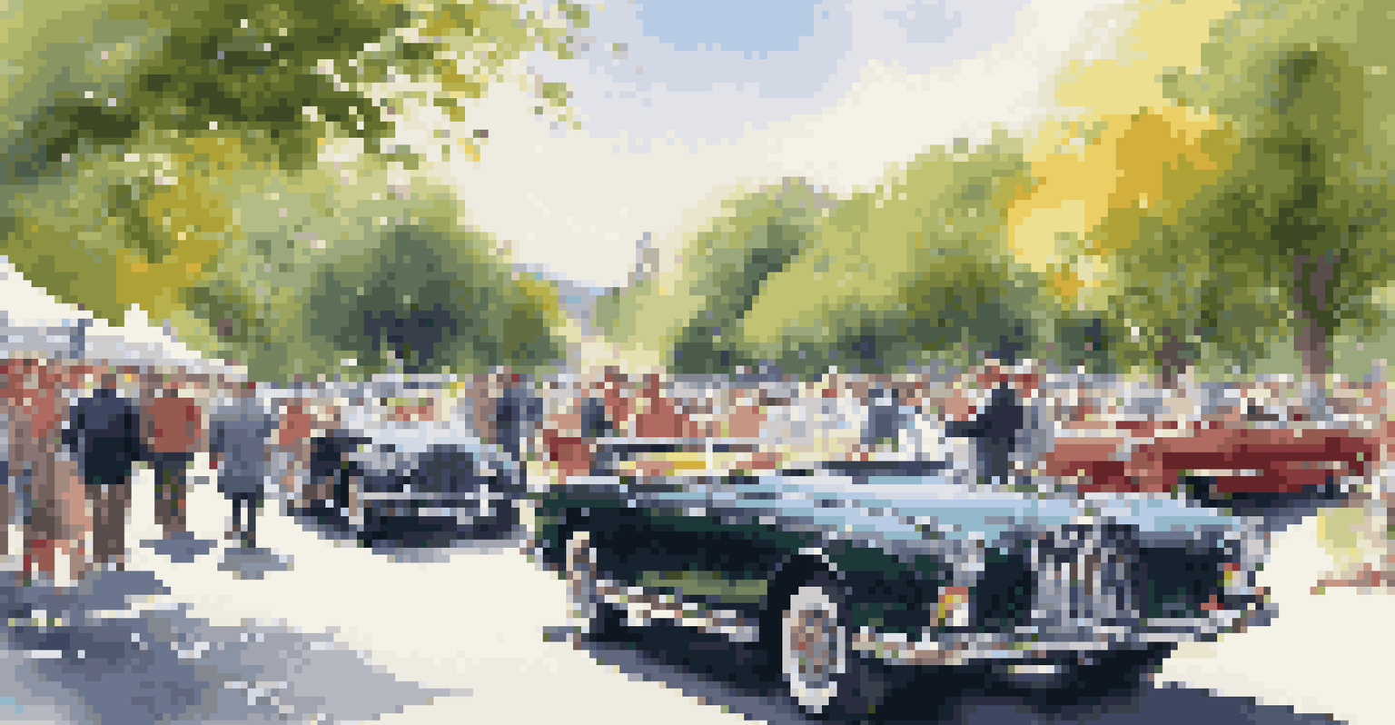 A vibrant car show displaying vintage luxury cars, with people admiring them under a sunny sky surrounded by greenery.
