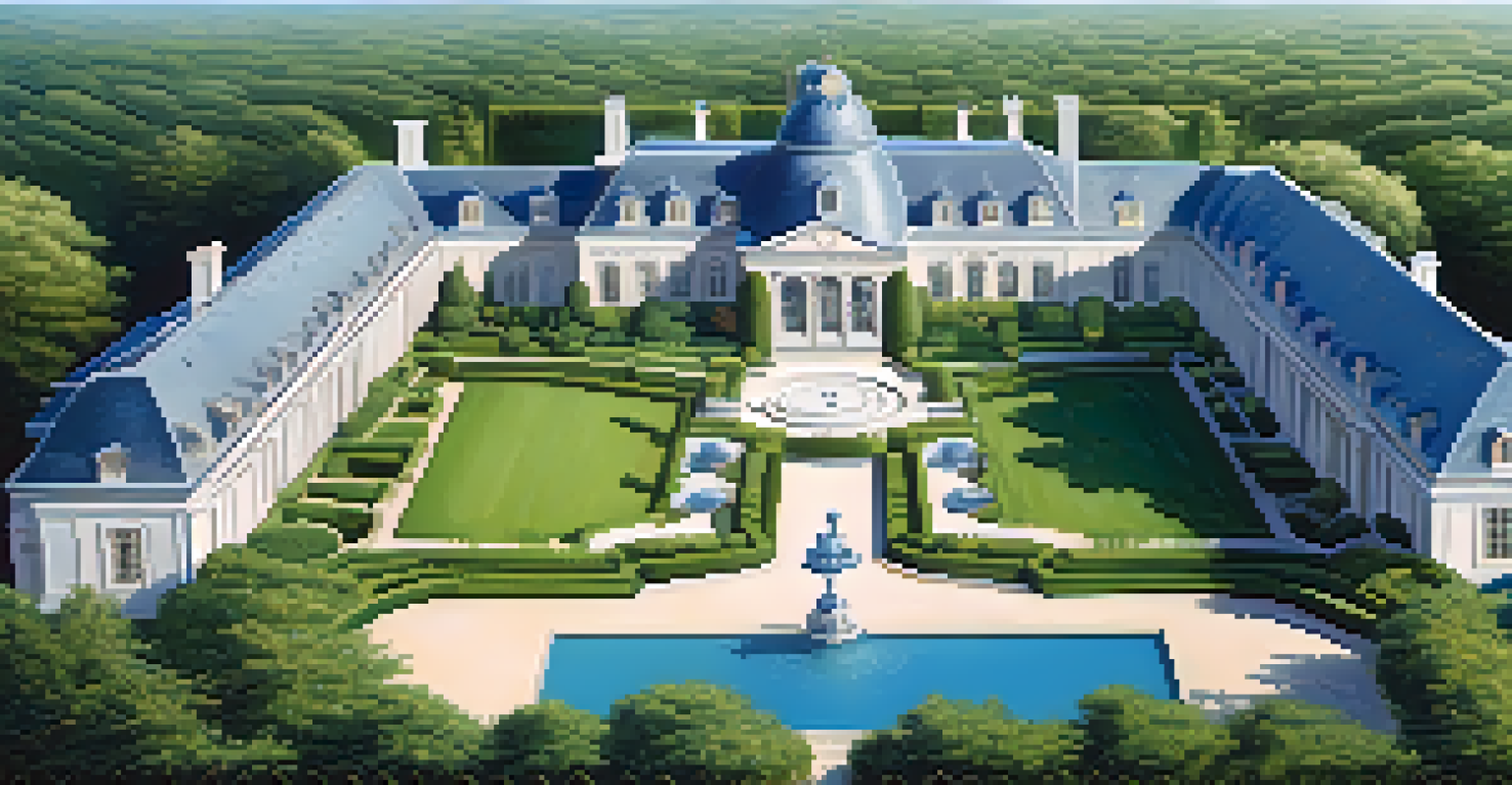 Aerial view of a luxurious estate with gardens and greenery.