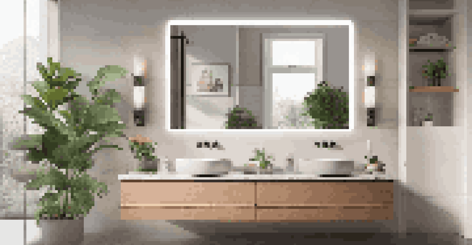 A modern bathroom with a smart mirror and marble countertop, showcasing high-quality fixtures and an open, inviting layout with plants and candles.