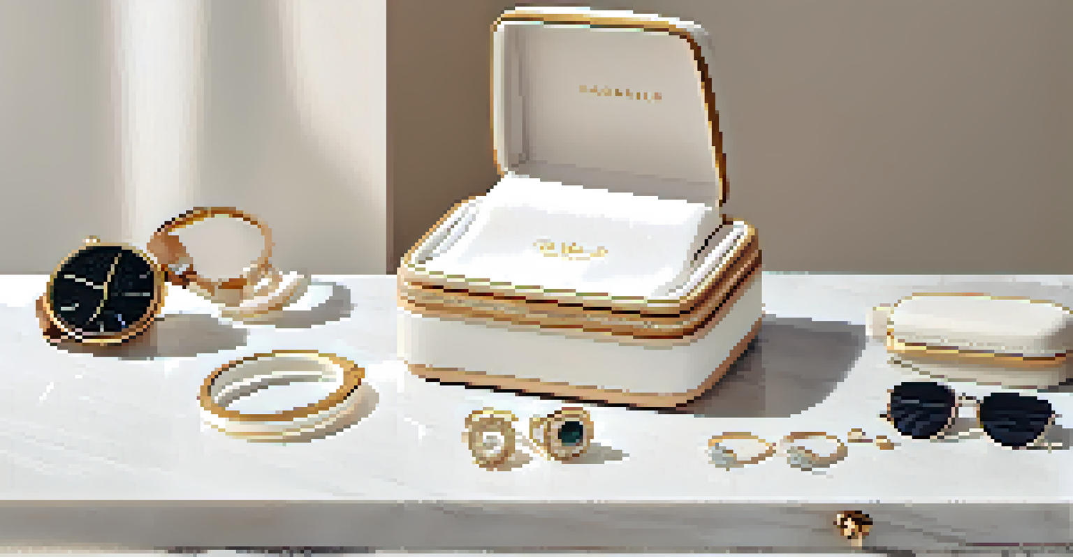 An elegant travel jewelry case open on a marble countertop, displaying organized rings and necklaces next to sunglasses and a passport holder.