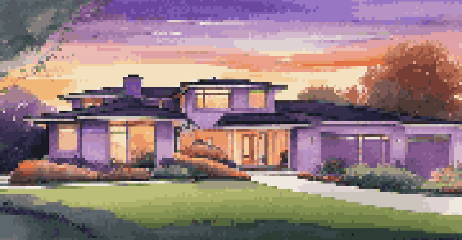 A modern luxury home at dusk with visible smart security features and warm outdoor lighting, surrounded by a manicured lawn.