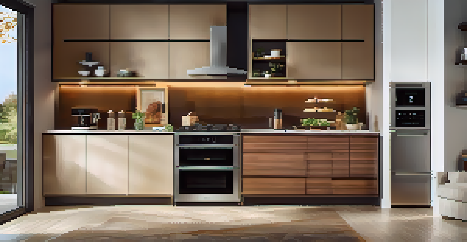 An elegant kitchen with smart appliances and automated systems, showcasing a coffee machine and digital interface.