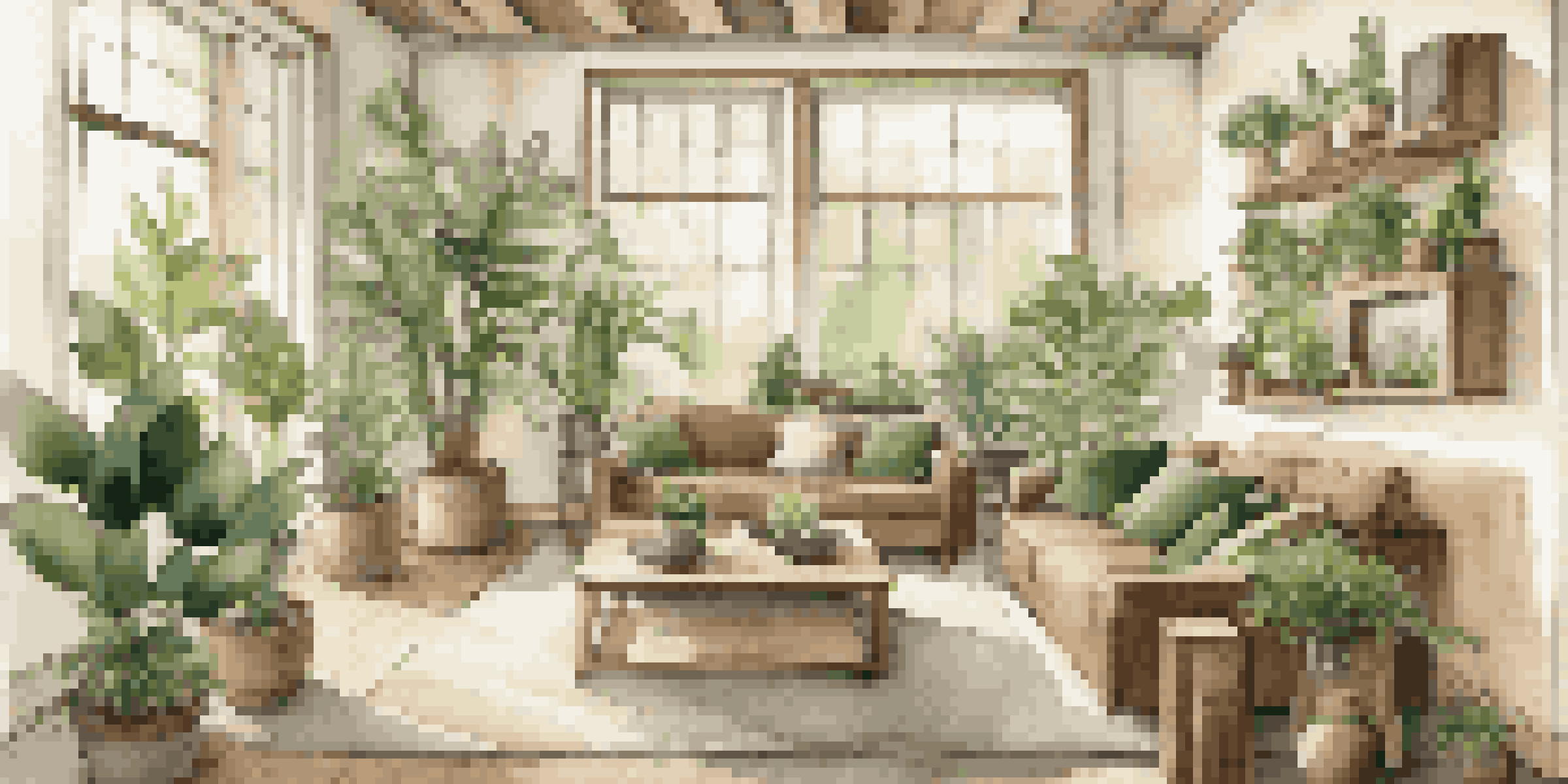 A spacious living room designed with reclaimed wood furniture and large windows filled with natural light, complemented by indoor plants and a warm color palette.