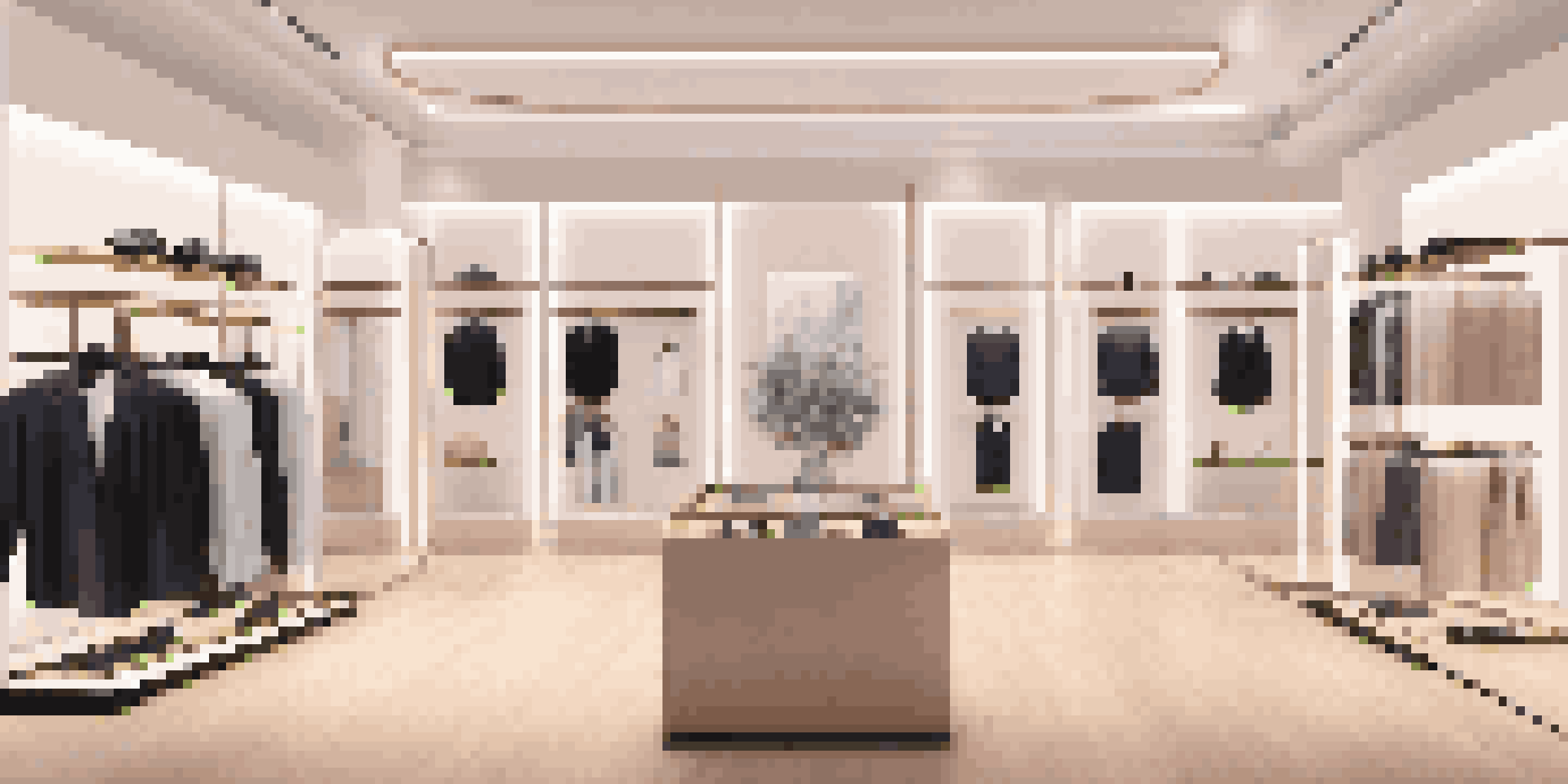 A modern virtual boutique interior with luxury fashion items and a VR headset.