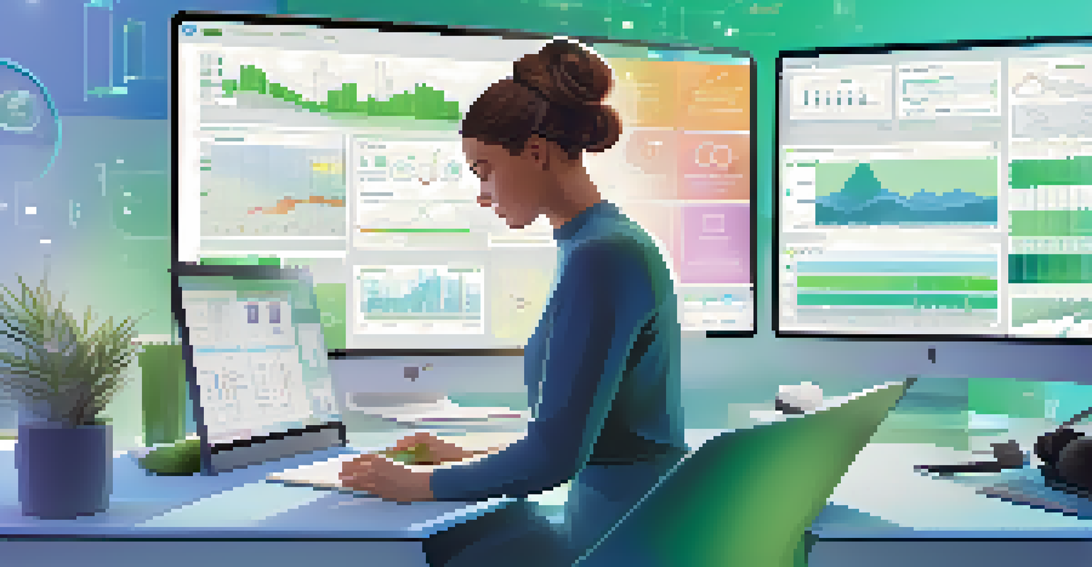 A modern wellness coaching workspace with a coach analyzing data on a tablet surrounded by screens and motivational decor.