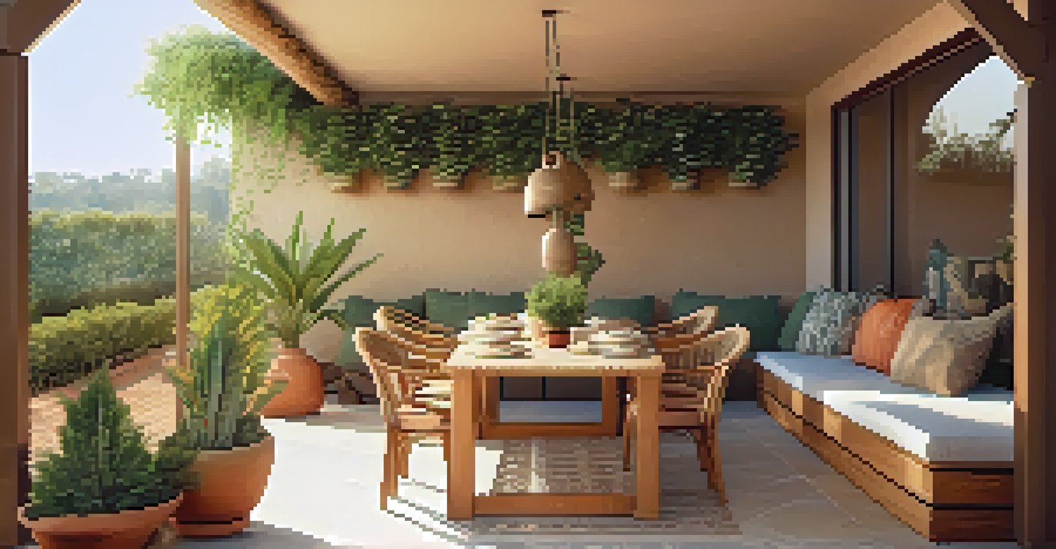 An outdoor patio with terracotta pots, handmade ceramic dishes, and reclaimed wood seating, illuminated by soft golden sunlight.