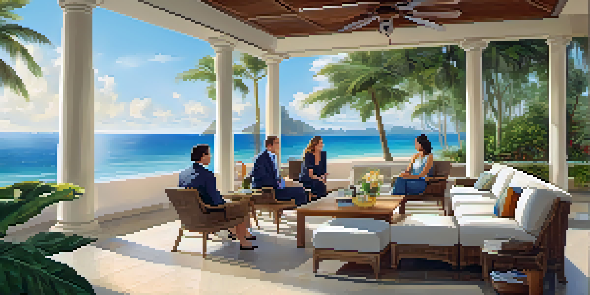 A group of diverse professionals collaborating on a terrace overlooking a beach, surrounded by tropical plants and bright sunlight.