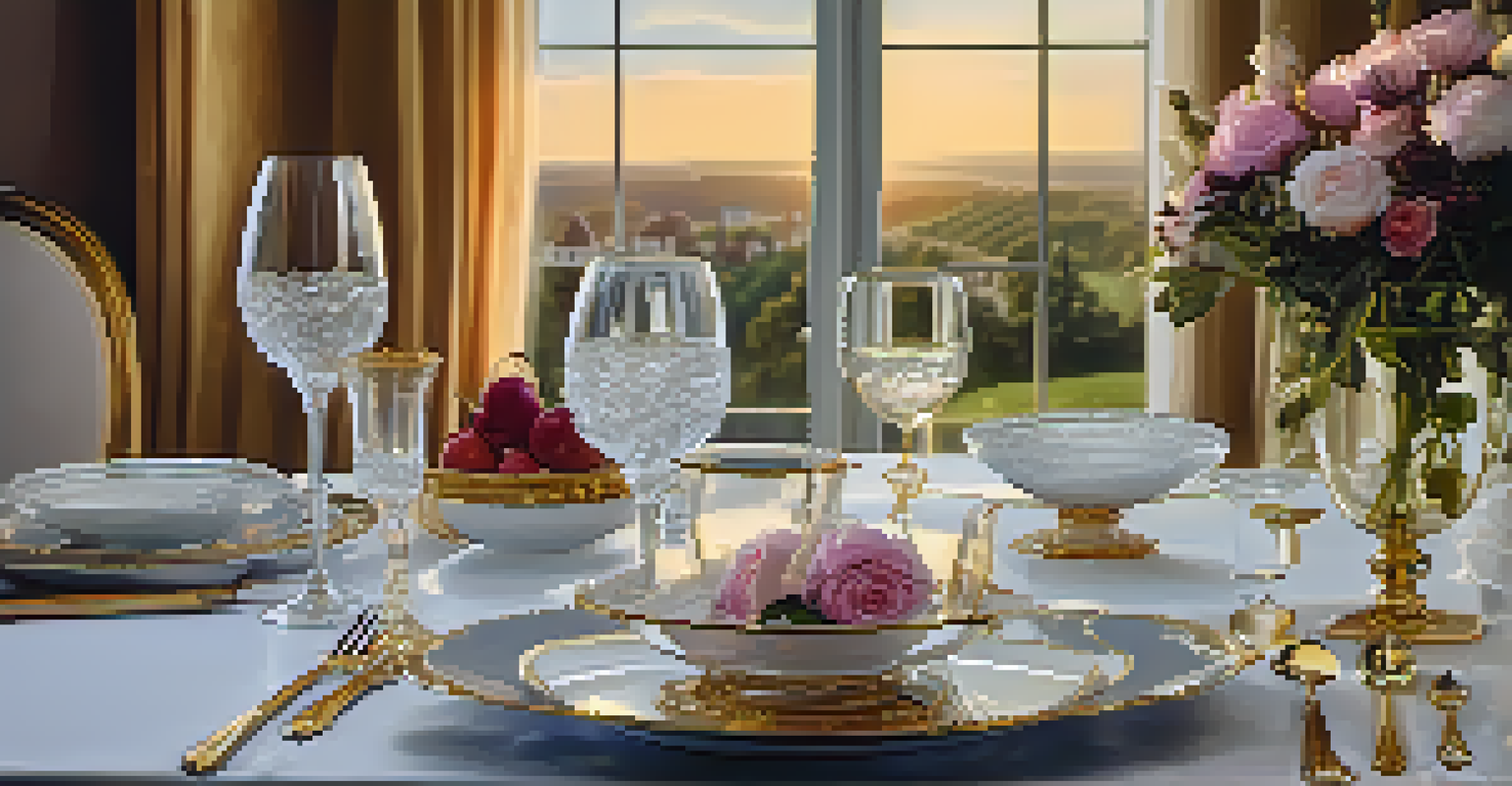 An elegant dining table set with fine china and crystal glassware, illuminated by golden sunset light.