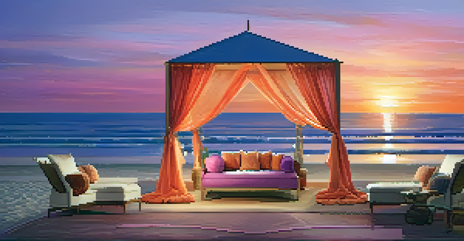 A luxurious beach cabana at sunset with vibrant colors in the sky and soft fabrics blowing in the breeze.