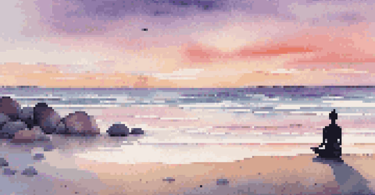 A beach at sunrise with a person practicing yoga and a colorful sky, seashells, and smooth stones on the sandy shore.