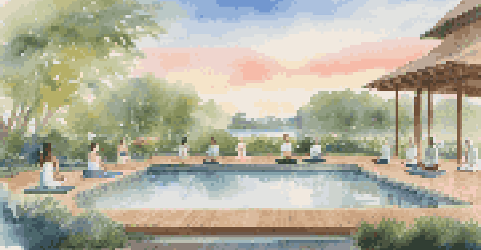 An outdoor yoga session at a luxury hotel during sunrise, surrounded by gardens and a water feature, creating a tranquil atmosphere.