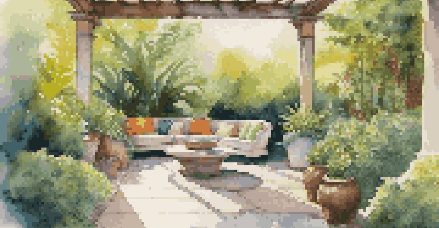 An outdoor patio with a vibrant ceramic sculpture surrounded by greenery, illuminated by sunlight.