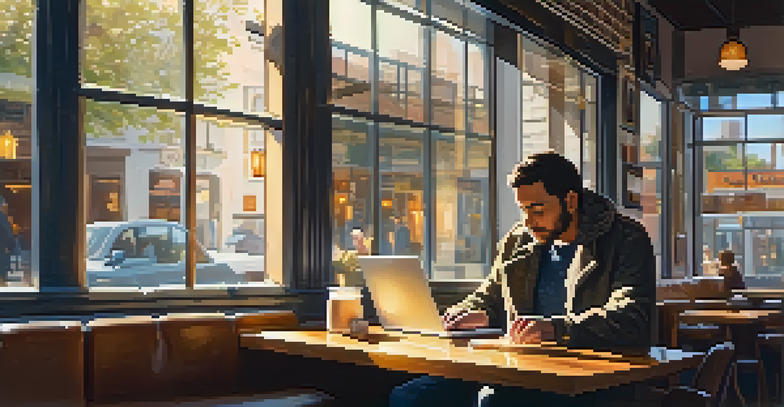 An individual working on a laptop in a cozy coffee shop with a notebook and coffee.