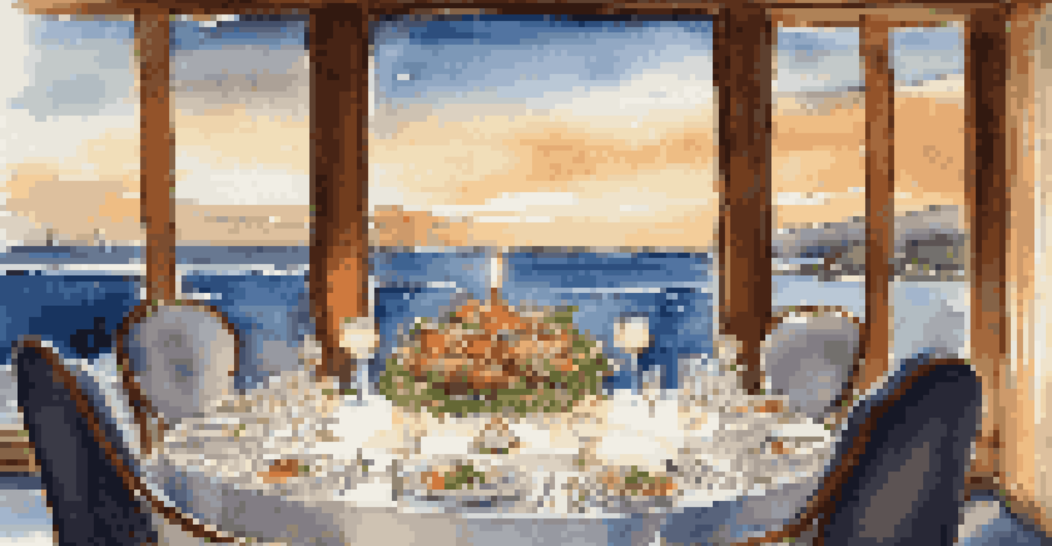 A gourmet meal beautifully plated on a dining table aboard a luxury cruise ship, with ocean views and candlelight.