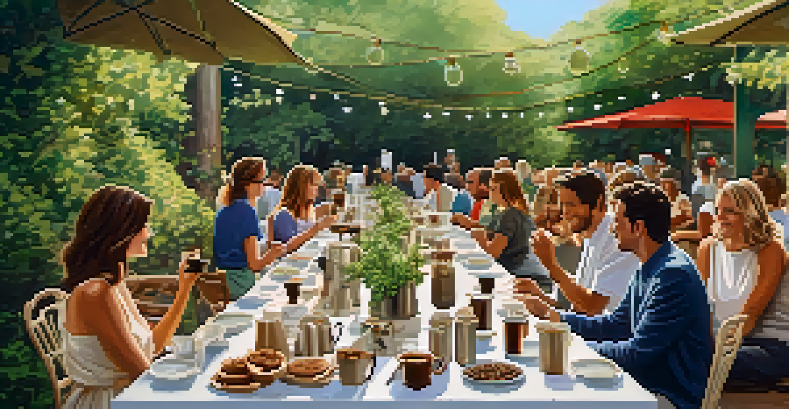 Guests enjoying a coffee tasting event outdoors, sampling gourmet coffee and food pairings at a long rustic table.