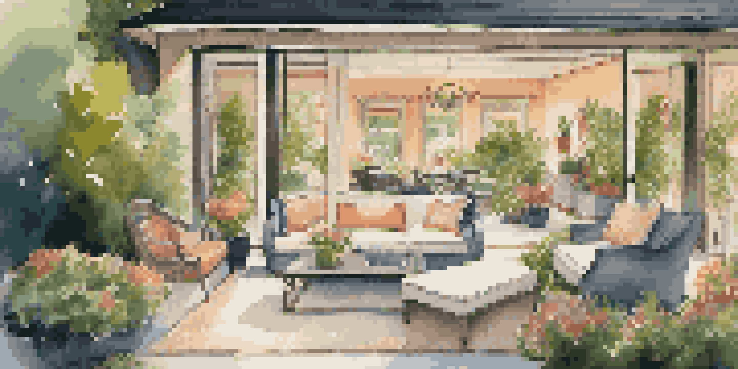 A luxurious indoor-outdoor living space with a plush sofa transitioning to a stylish patio surrounded by greenery and flowers in soft evening light.