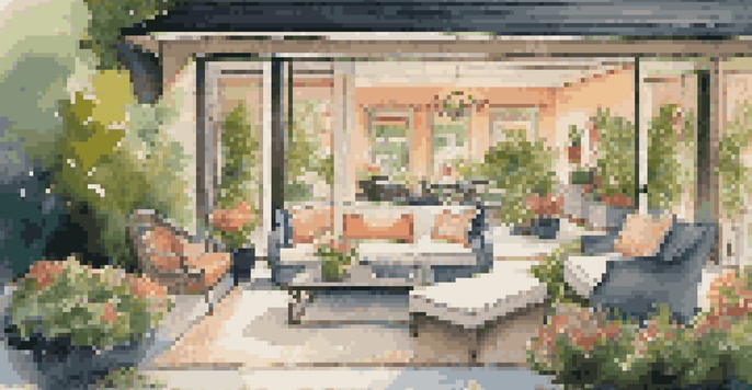 A luxurious indoor-outdoor living space with a plush sofa transitioning to a stylish patio surrounded by greenery and flowers in soft evening light.