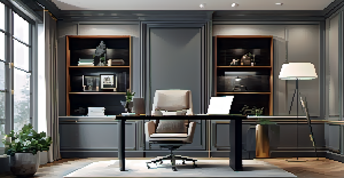 A modern and luxurious home office with a height-adjustable desk, smart furniture, and natural light streaming through large windows.