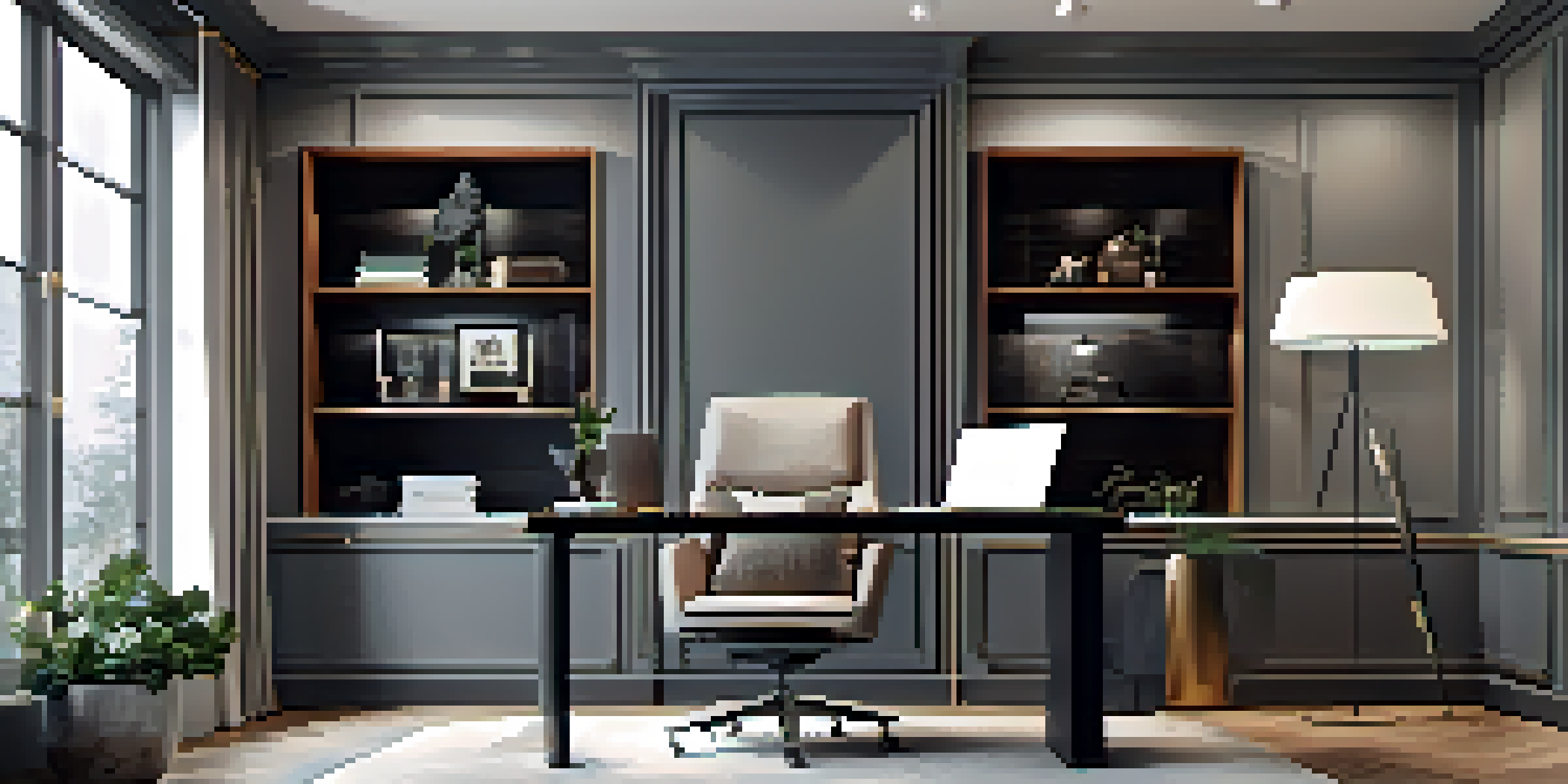 A modern and luxurious home office with a height-adjustable desk, smart furniture, and natural light streaming through large windows.