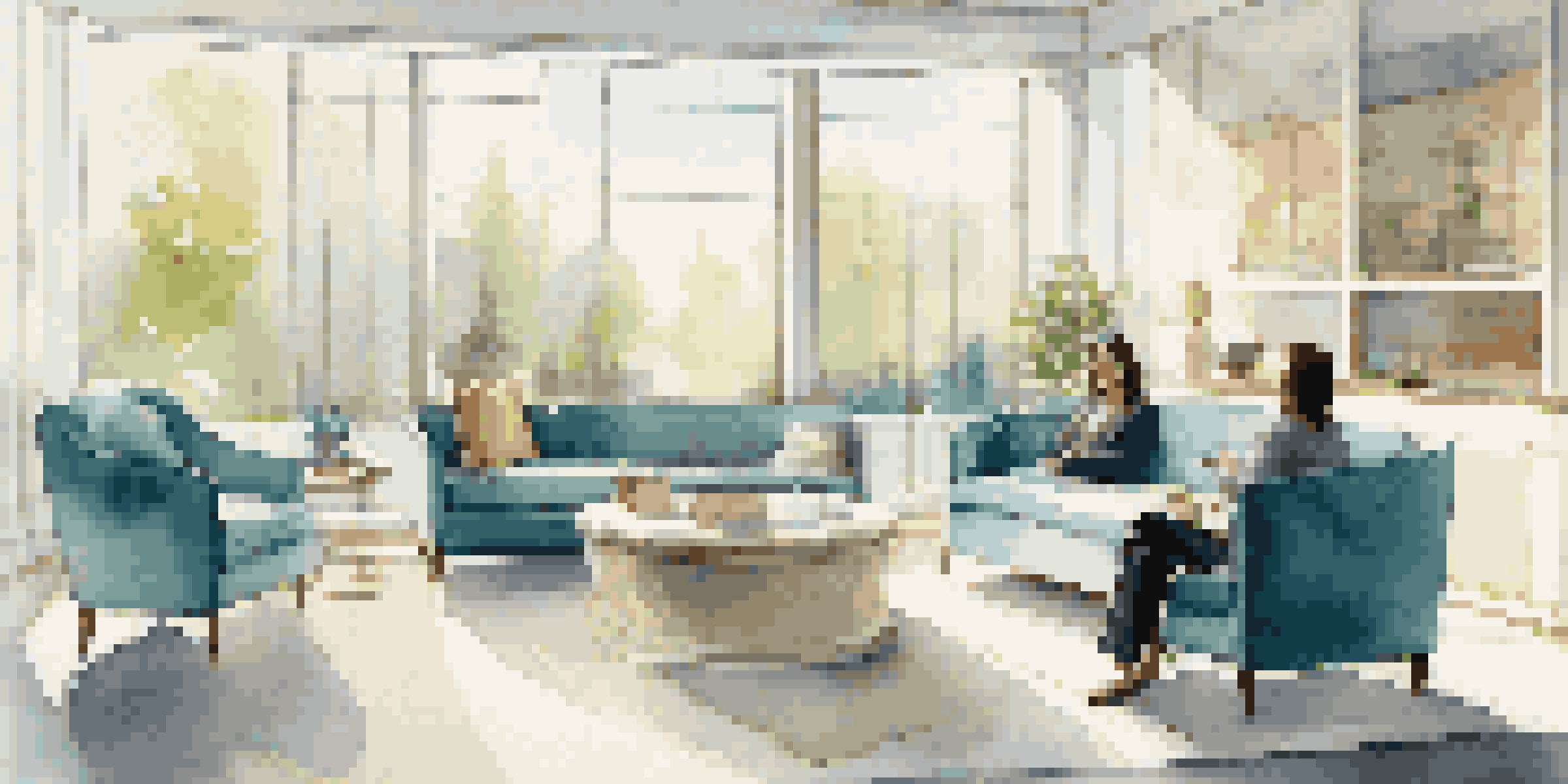 A coaching session in a modern office with a luxury coach and a client discussing with notebooks and tea, illuminated by natural light.