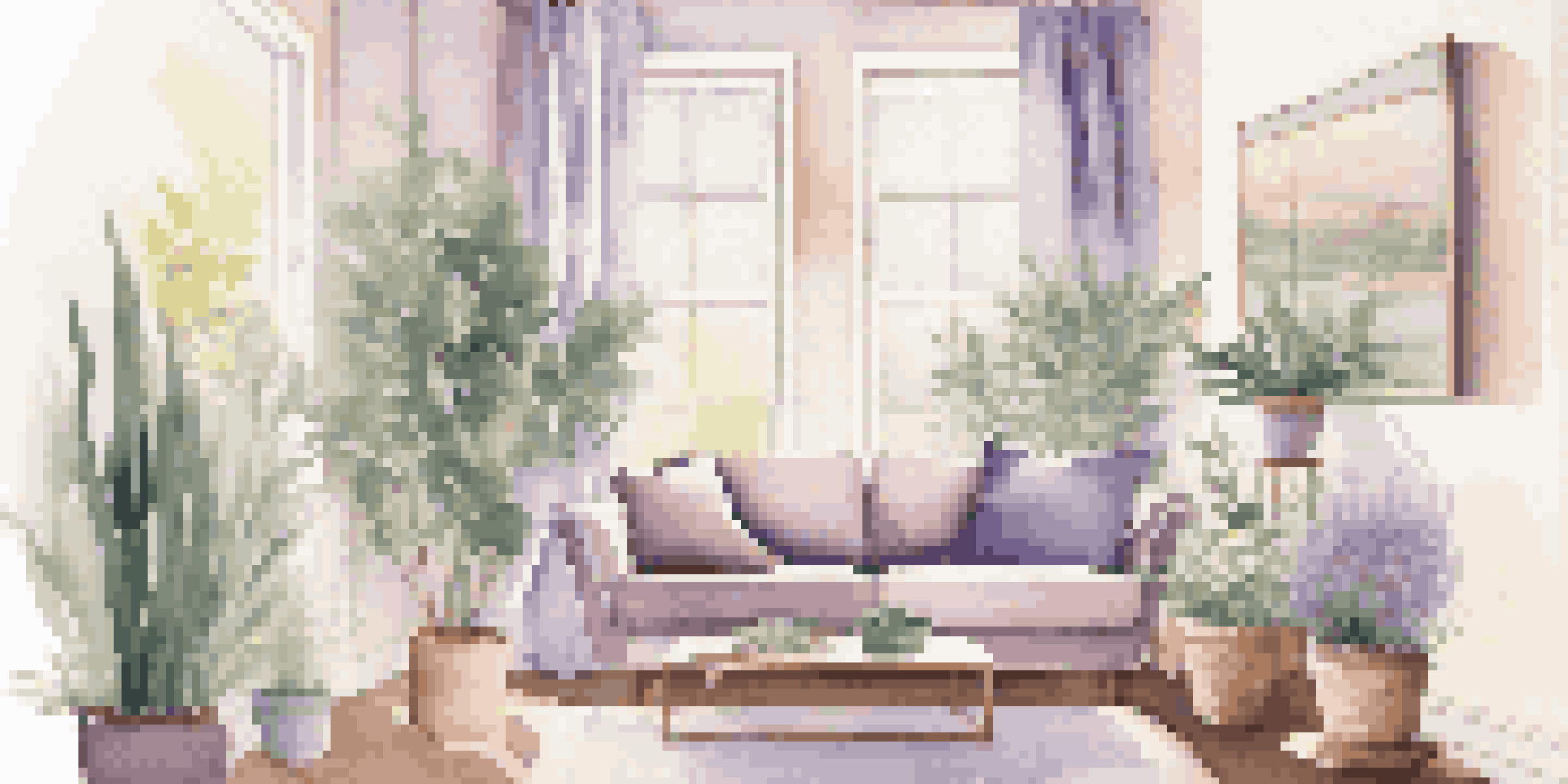 A bright and calming living room with a diffuser releasing lavender scent, surrounded by plants and soft furniture.