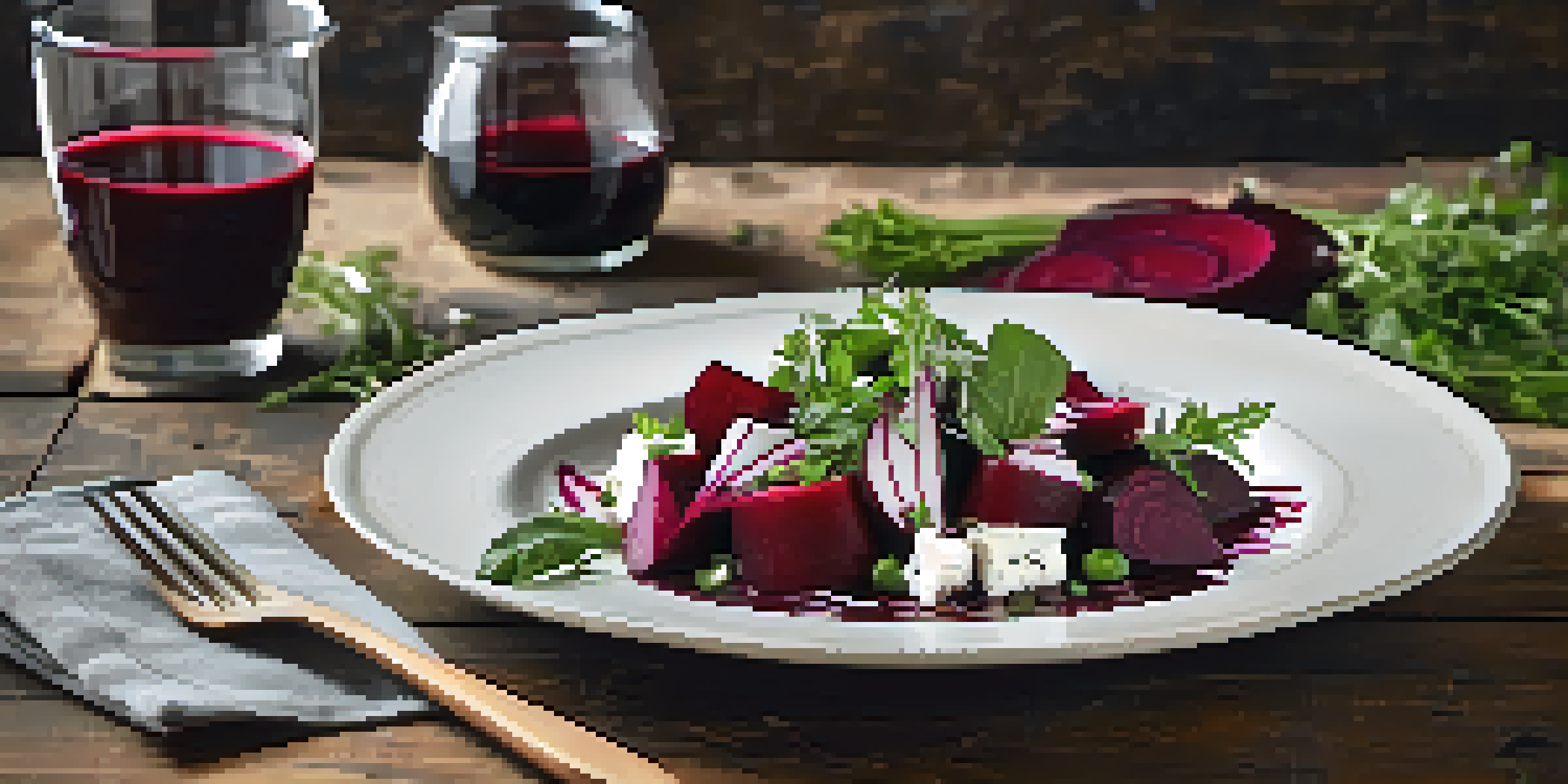 A vibrant beet salad with creamy goat cheese, fresh herbs, and a balsamic drizzle, beautifully arranged on a rustic wooden table.