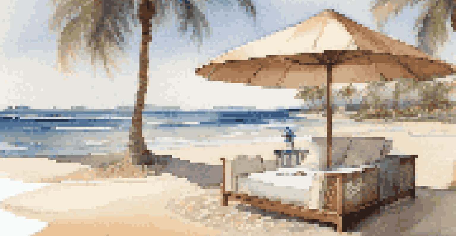 A private cabana on a serene beach with a concierge setting up a lounge area, surrounded by palm trees and ocean waves.