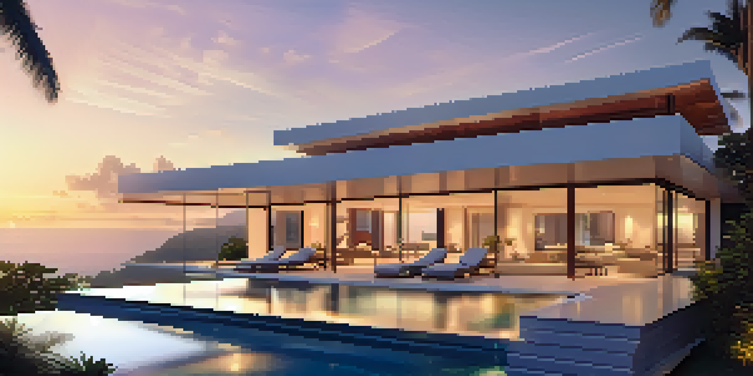 A modern villa with large windows and an infinity pool, overlooking the ocean at sunset.