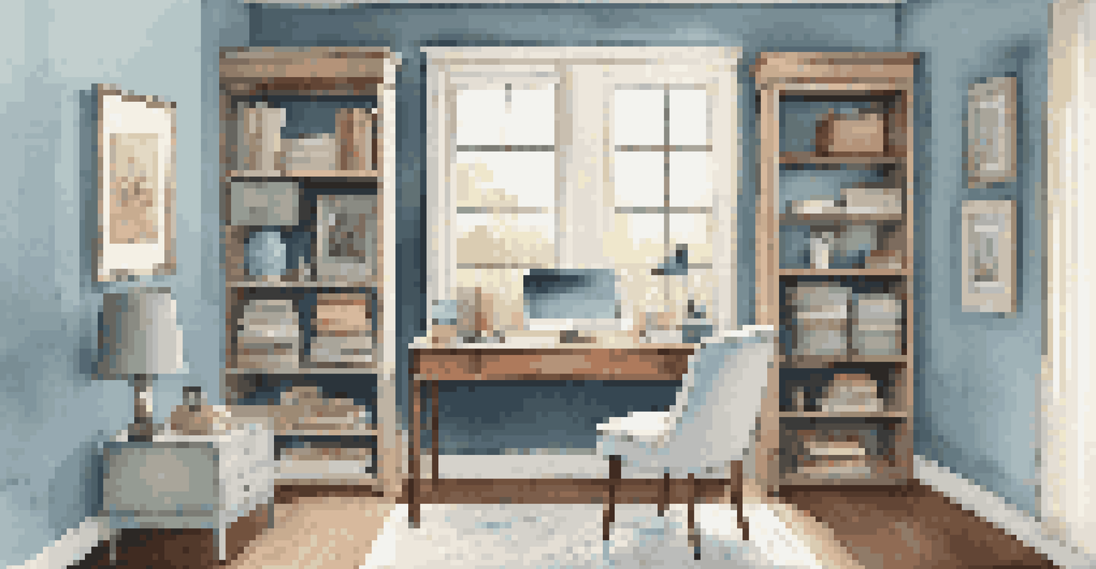 A calming home office corner with a wooden desk, ergonomic chair, and soft blue walls, illuminated by natural light.