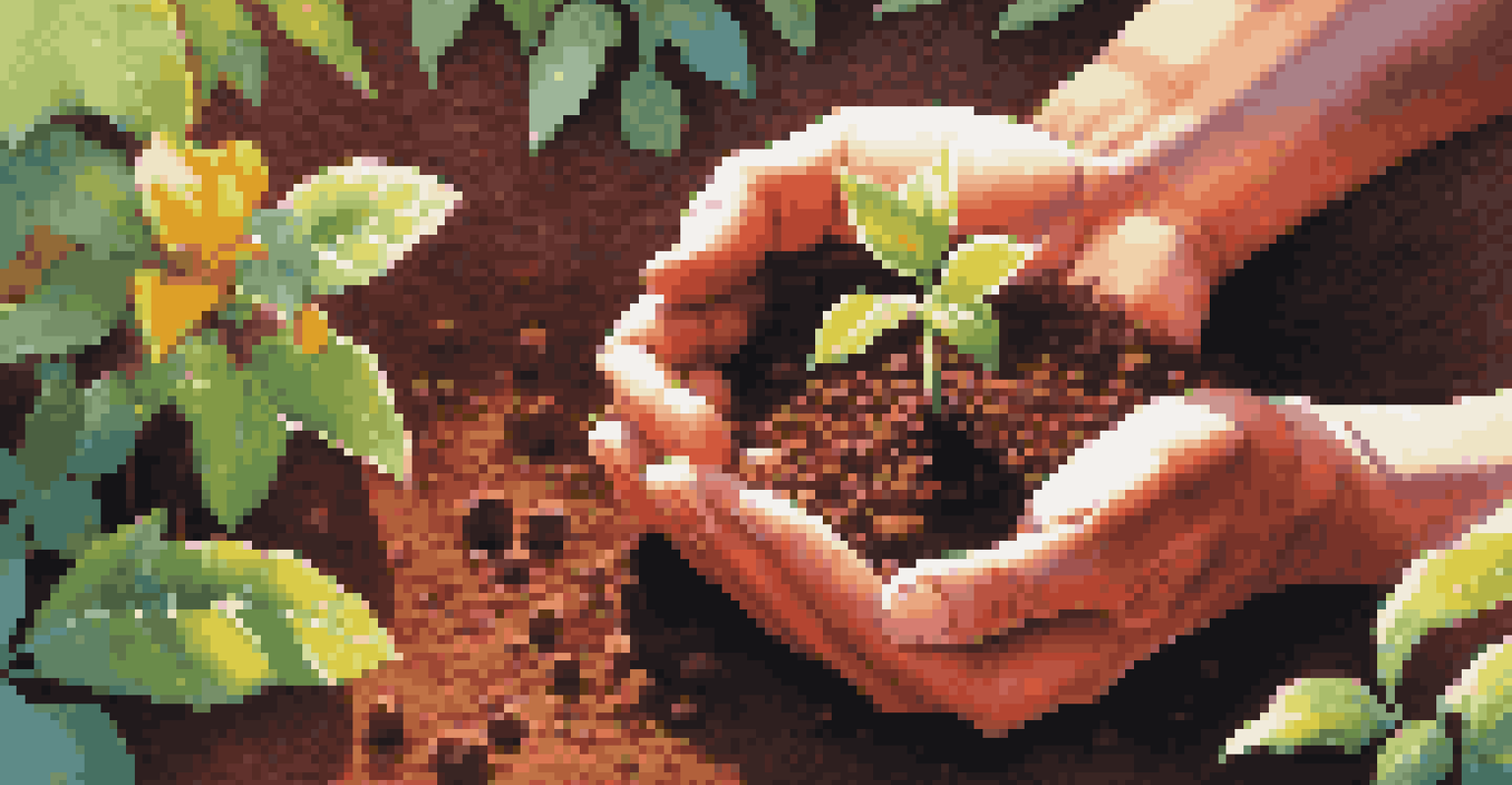 Hands planting seeds in soil with a blurred garden in the background.