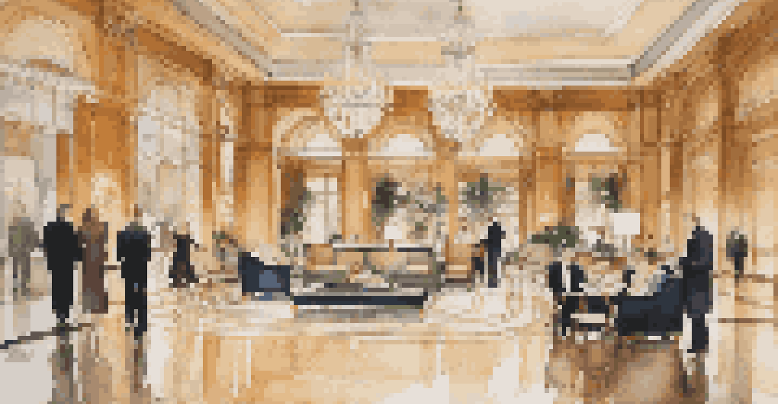 A luxurious hotel lobby with high ceilings, chandeliers, and elegant guests in formal attire.