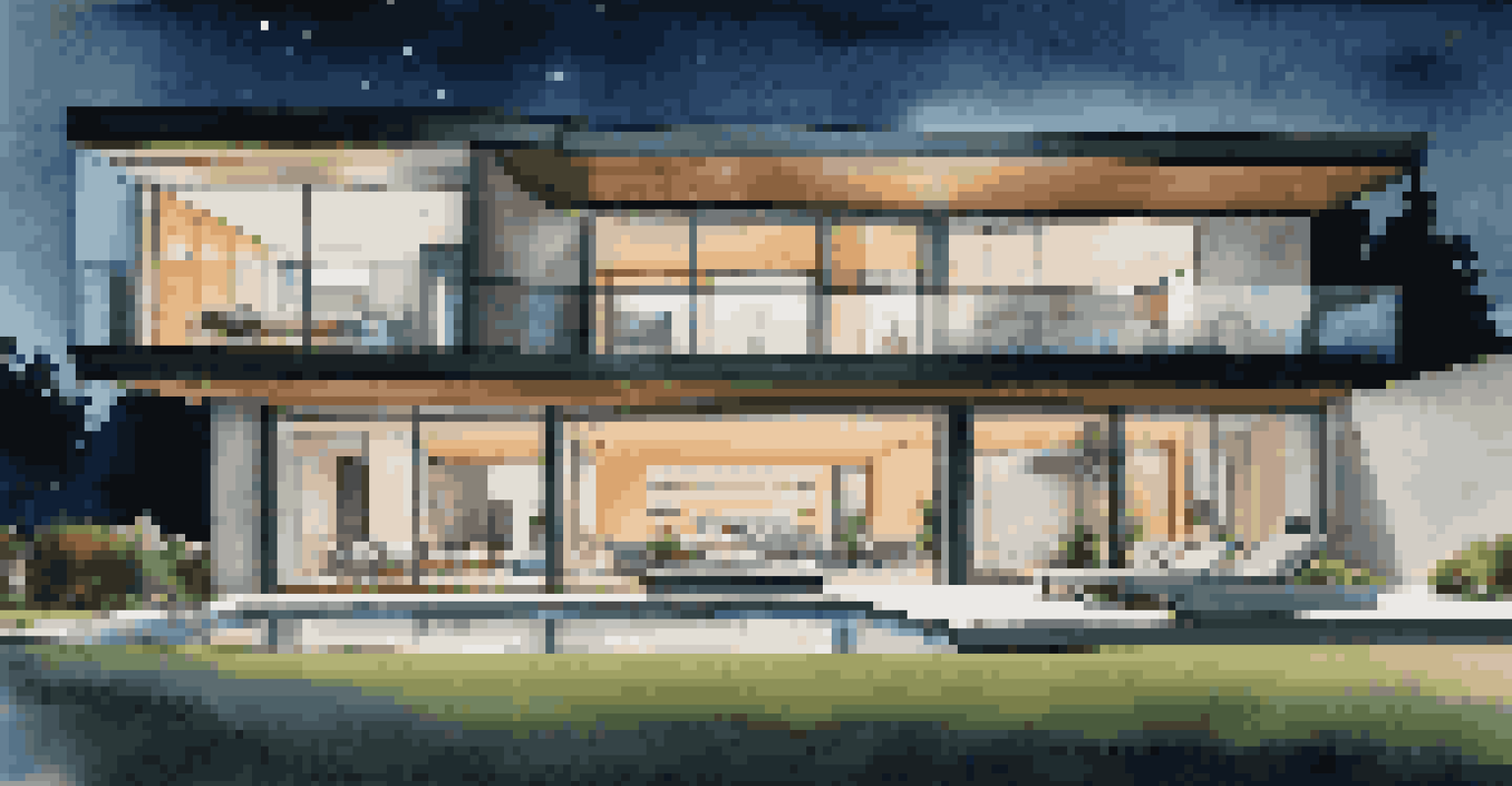 A modern luxury home exterior at night, illuminated with smart lighting and featuring security cameras.