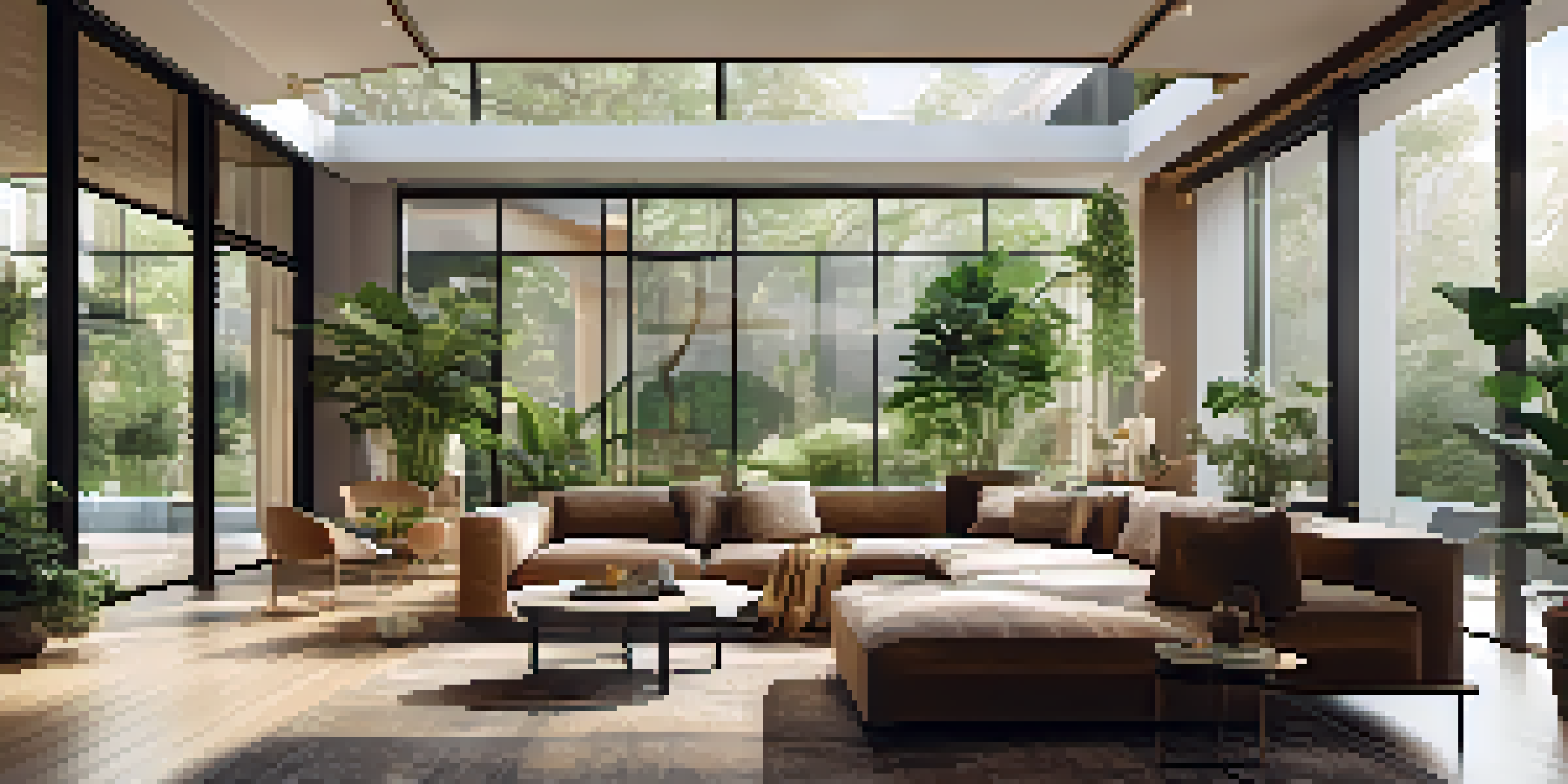 A spacious living room filled with natural light, showcasing plants and elegant furniture, with a rooftop garden visible outside.