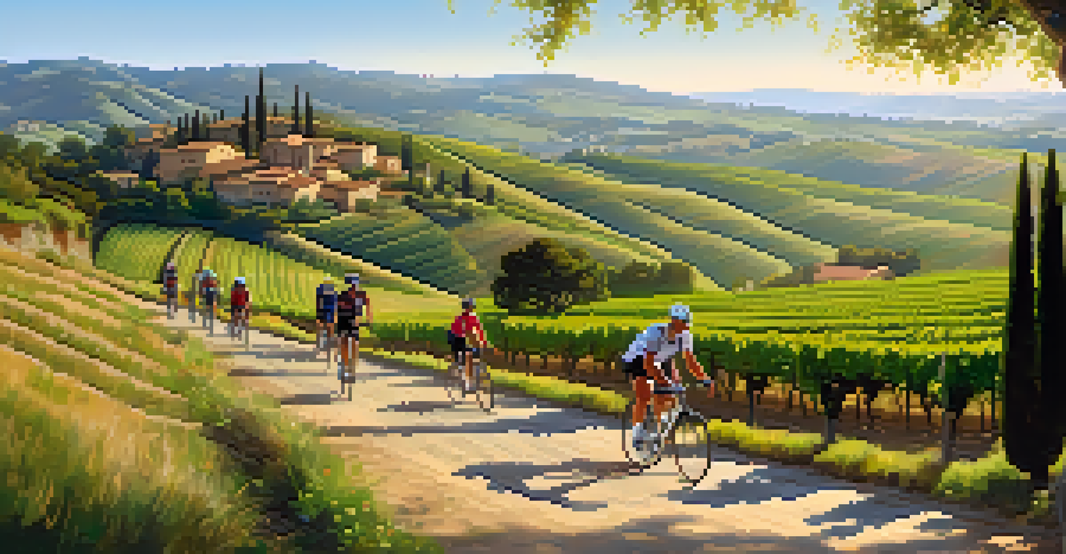 Cyclists riding through a picturesque Tuscan landscape with rolling hills and vineyards.