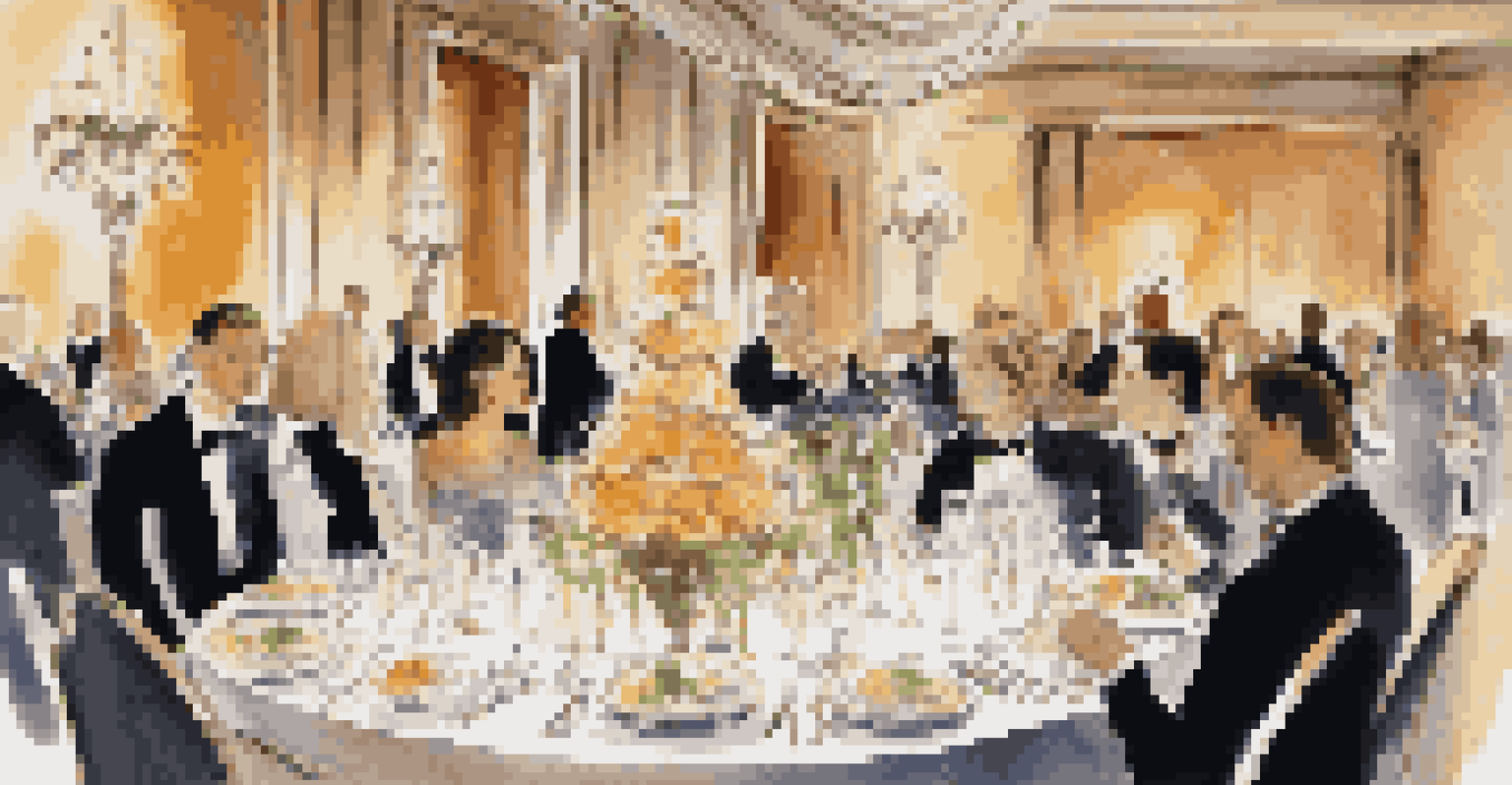 A beautifully set dining table with elegant decor at a luxury networking event, with guests mingling in the background.