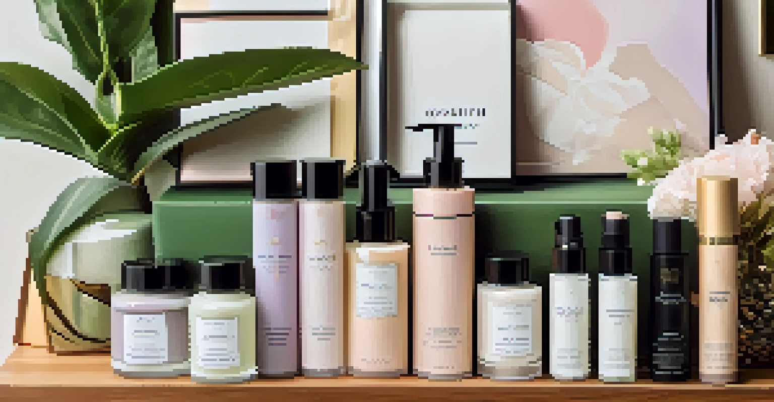 A collection of luxury beauty subscription boxes displayed on a wooden shelf surrounded by plants and soft drapes, showcasing different designs and colors.