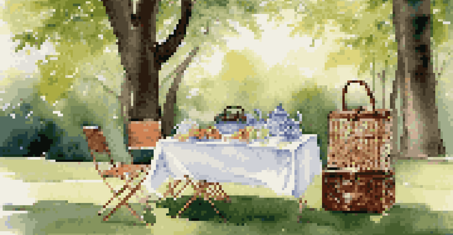 A luxury picnic setup in a park with fine china and gourmet food, surrounded by greenery and sunlight filtering through trees.