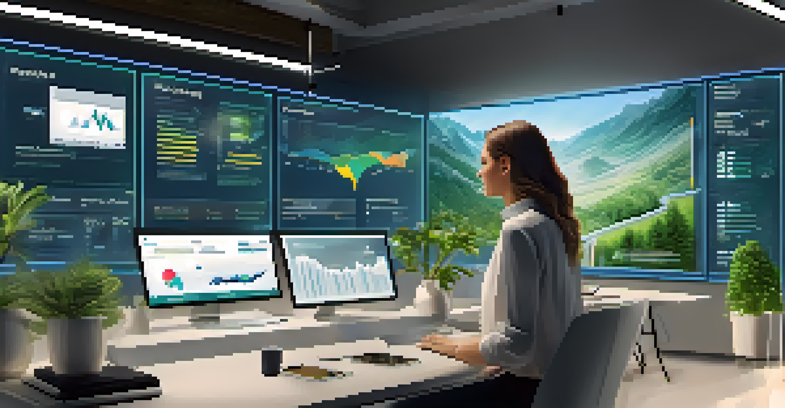 A bright workspace with digital screens showing data analytics and a person using a touchscreen for luxury personalization.