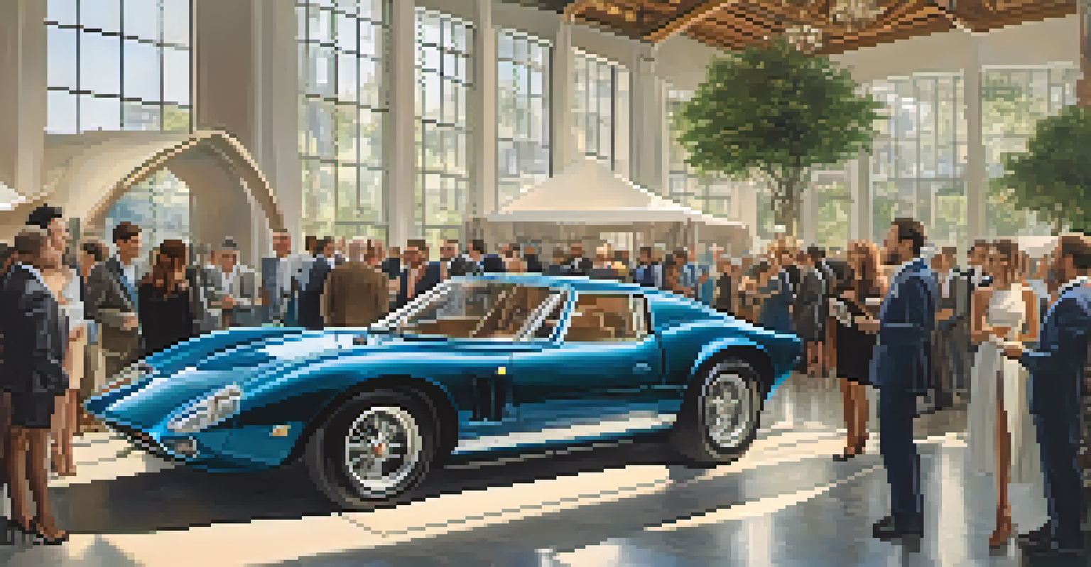 Car enthusiasts interacting at a luxury automotive event, showcasing a new model and an elegant venue.